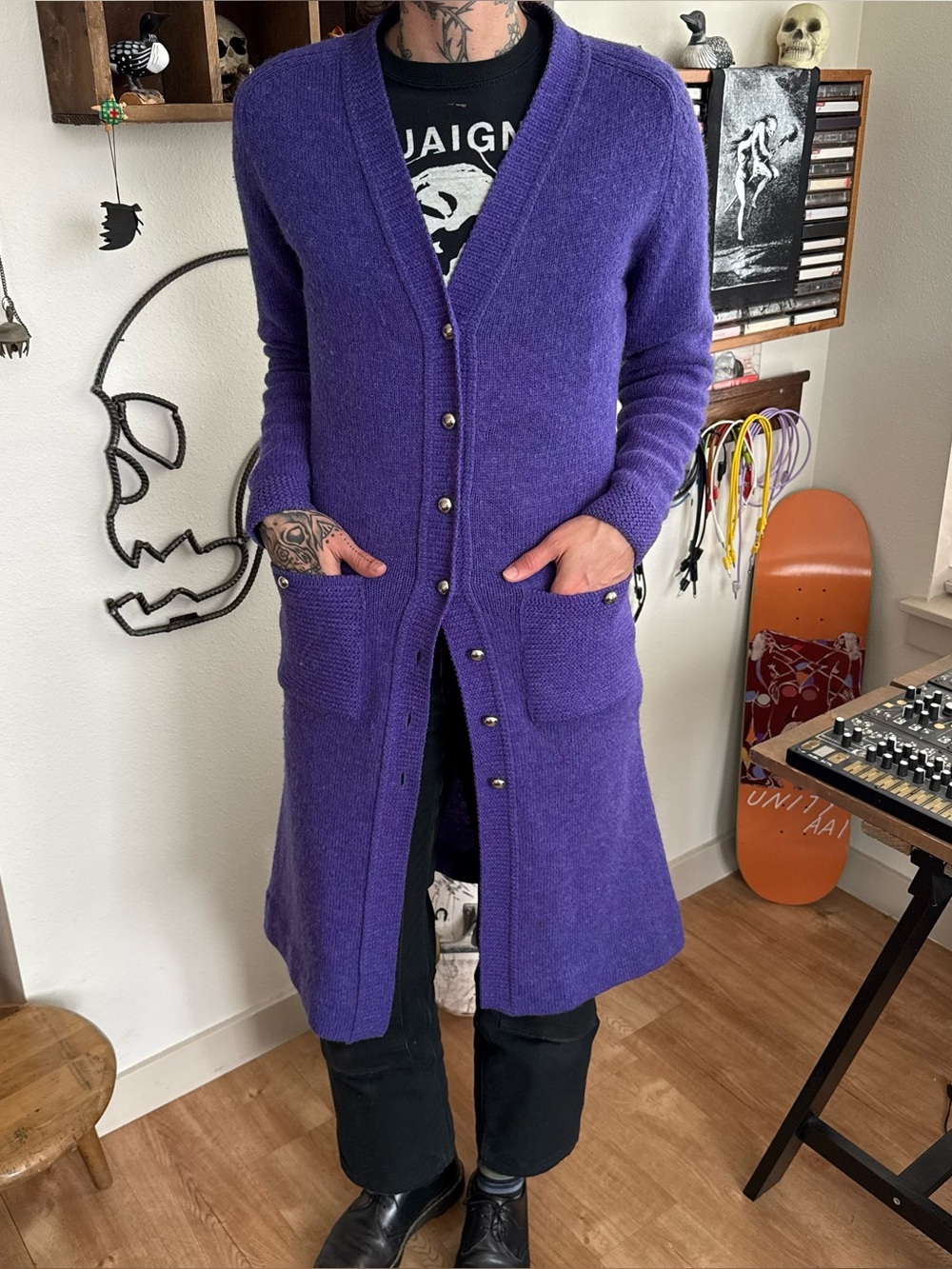 Vintage 60s Royal Purple Shetland Wool Long Cardigan Duster Sweater ~ Size S